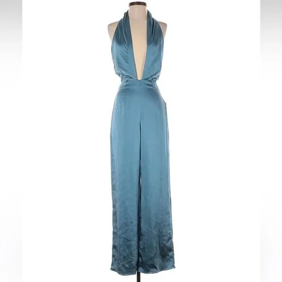 NWT Anthropologie Elliat Begonia Cadet Blue Satin Halter Neck Jumpsuit Size XS - Picture 2 of 8